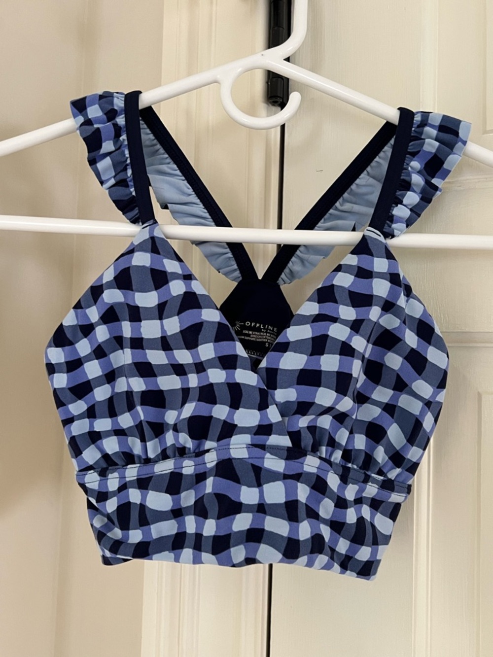 aerie Blue Check Ruffled-Strap Crop Top